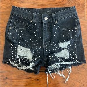 Between Us Black High Waisted Rhinestone Distressed Cut Off Jean Shorts